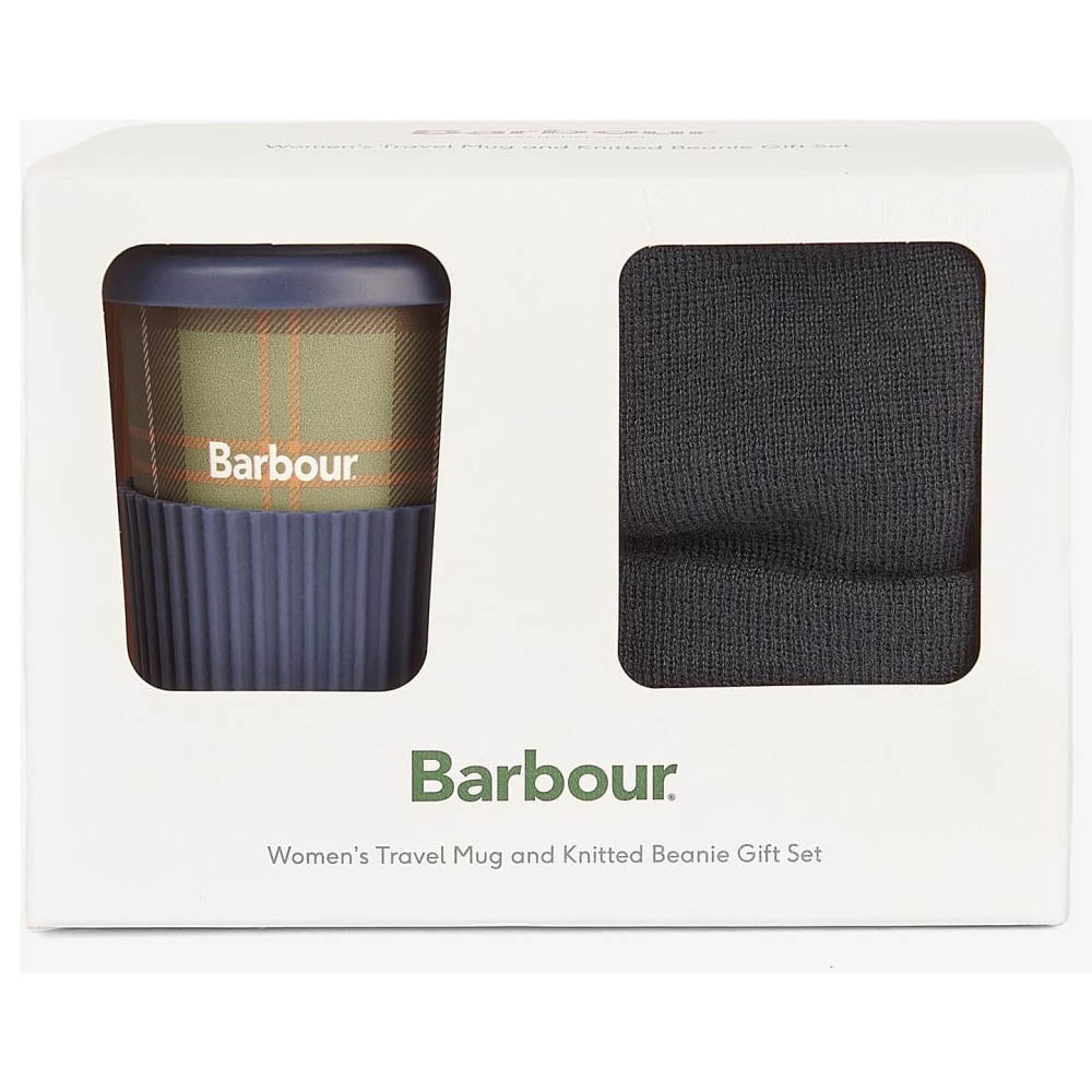 Barbour Mens Travel Mug And Knitted Beanie Gift Set Navy