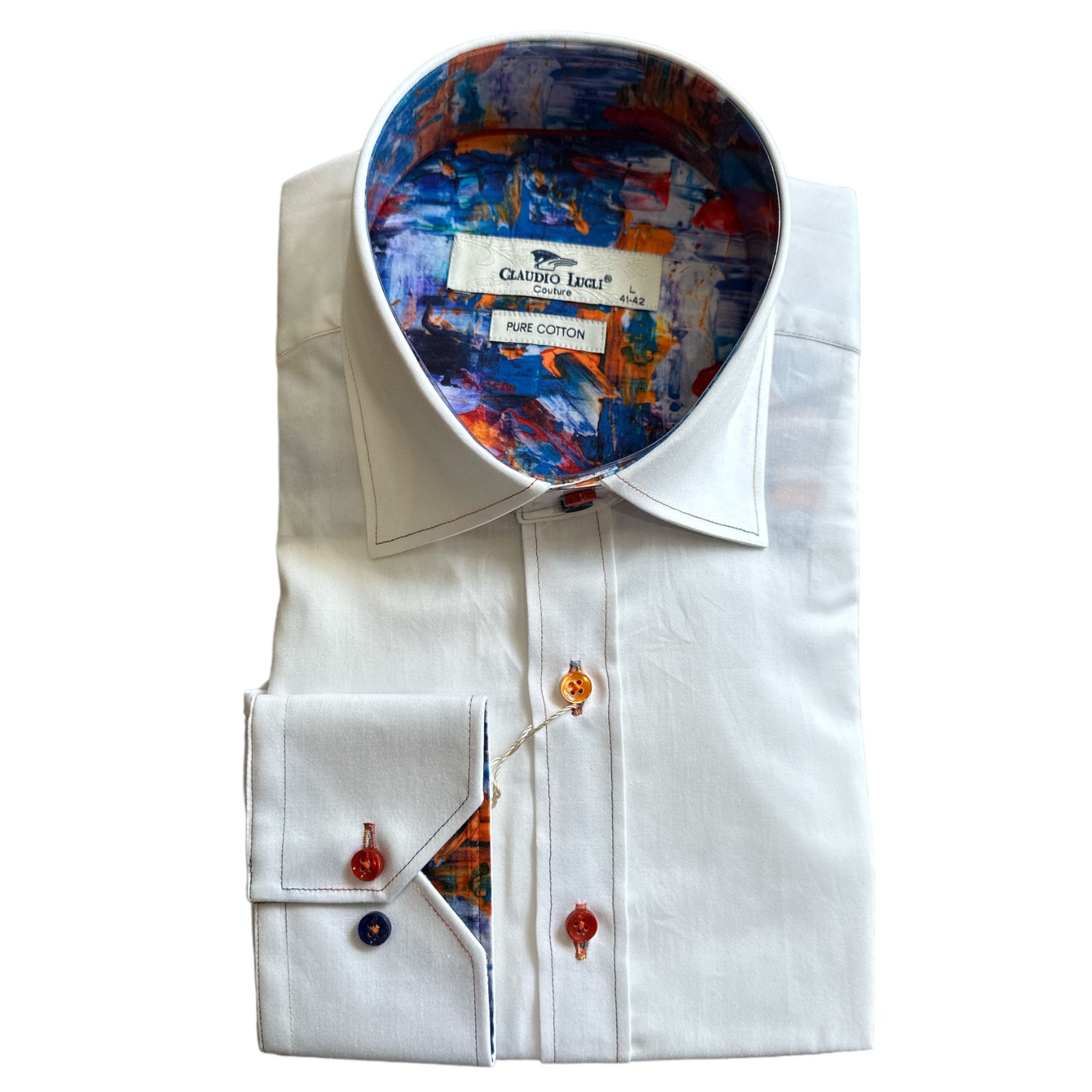 Claudio Lugli White Paint Splash Trim Long Sleeve Shirt CP6746