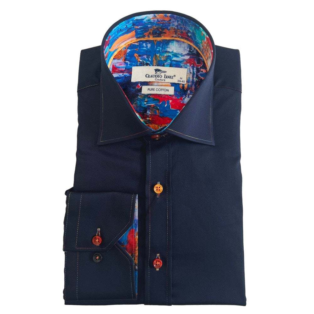 Claudio Lugli Paint Splash Trim Long Sleeve Shirt Navy CP6746