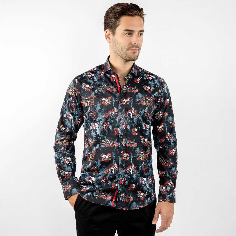 Claudio Lugli Skulls and Roses Long Sleeve Shirt Black CP6839