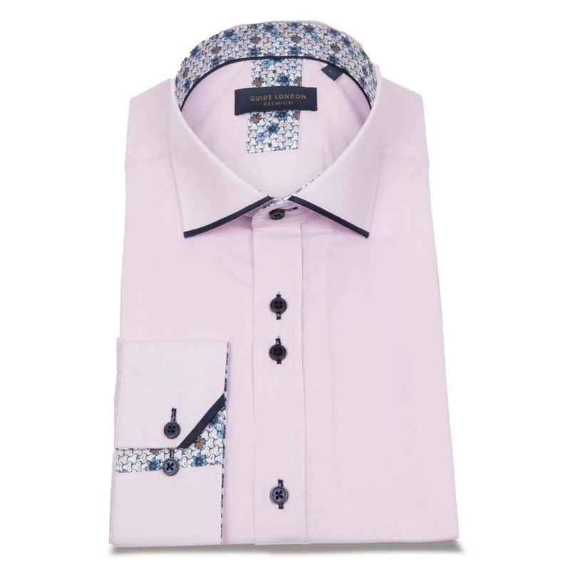 Guide London Long Sleeve Panelled Collar End on End Shirt Pink / Navy LS76884