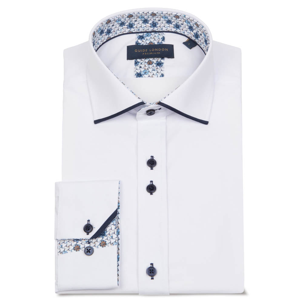 Guide London Long Sleeve Panelled Collar End on End Shirt White / Navy LS76884