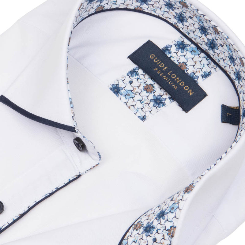 Guide London Long Sleeve Panelled Collar End on End Shirt White / Navy LS76884