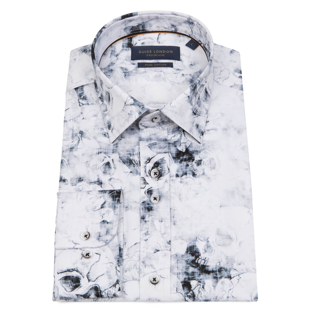 Guide London Long Sleeve Printed Cotton Shirt White LS76864