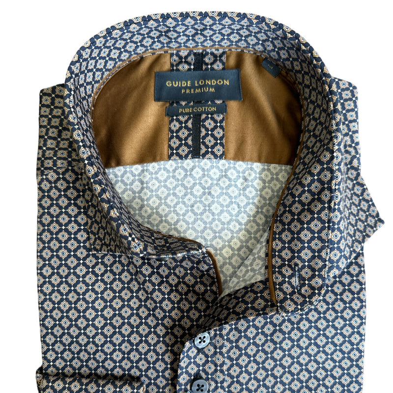 Guide London Geometric Print Long Sleeve Shirt Navy / Tan LS76683