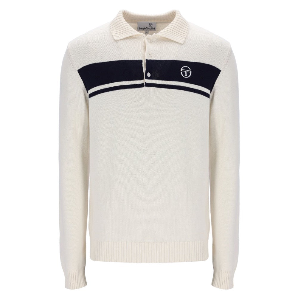 Sergio Tacchini Damarindo Long Sleeve Knit Polo Shirt Gardenia / Maratime Blue