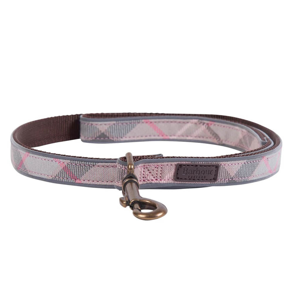 Barbour Reflective Dog Lead Taupe and Pink Tartan