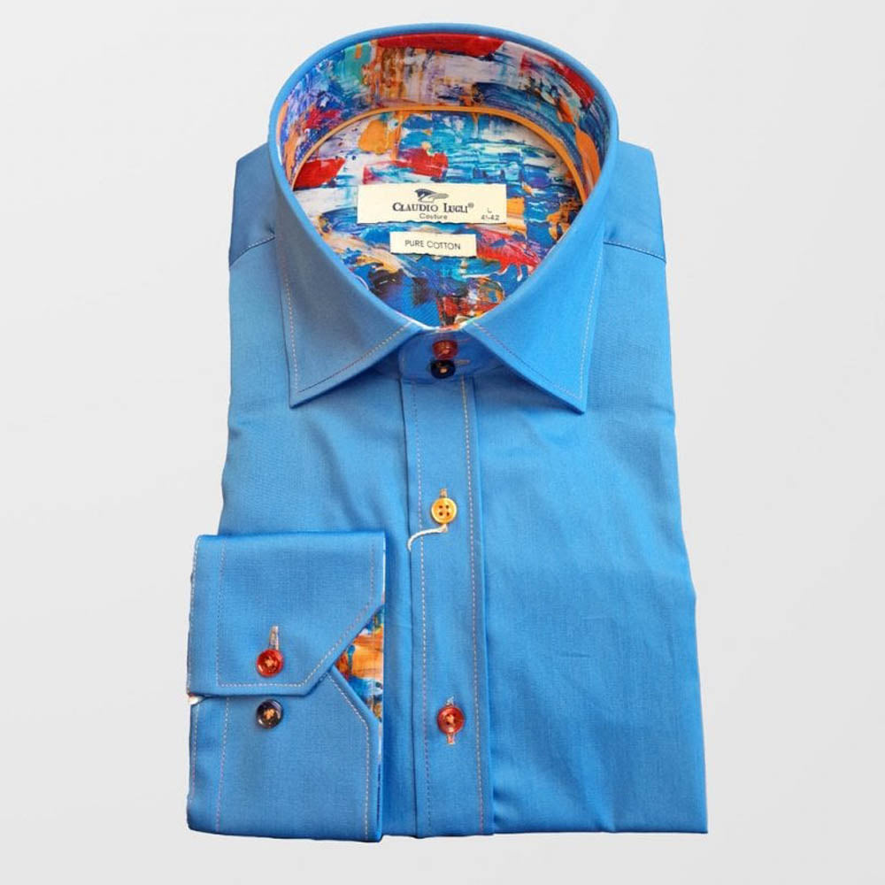 Claudio Lugli Blue Paint Splash Trim Long Sleeve Shirt CP6746