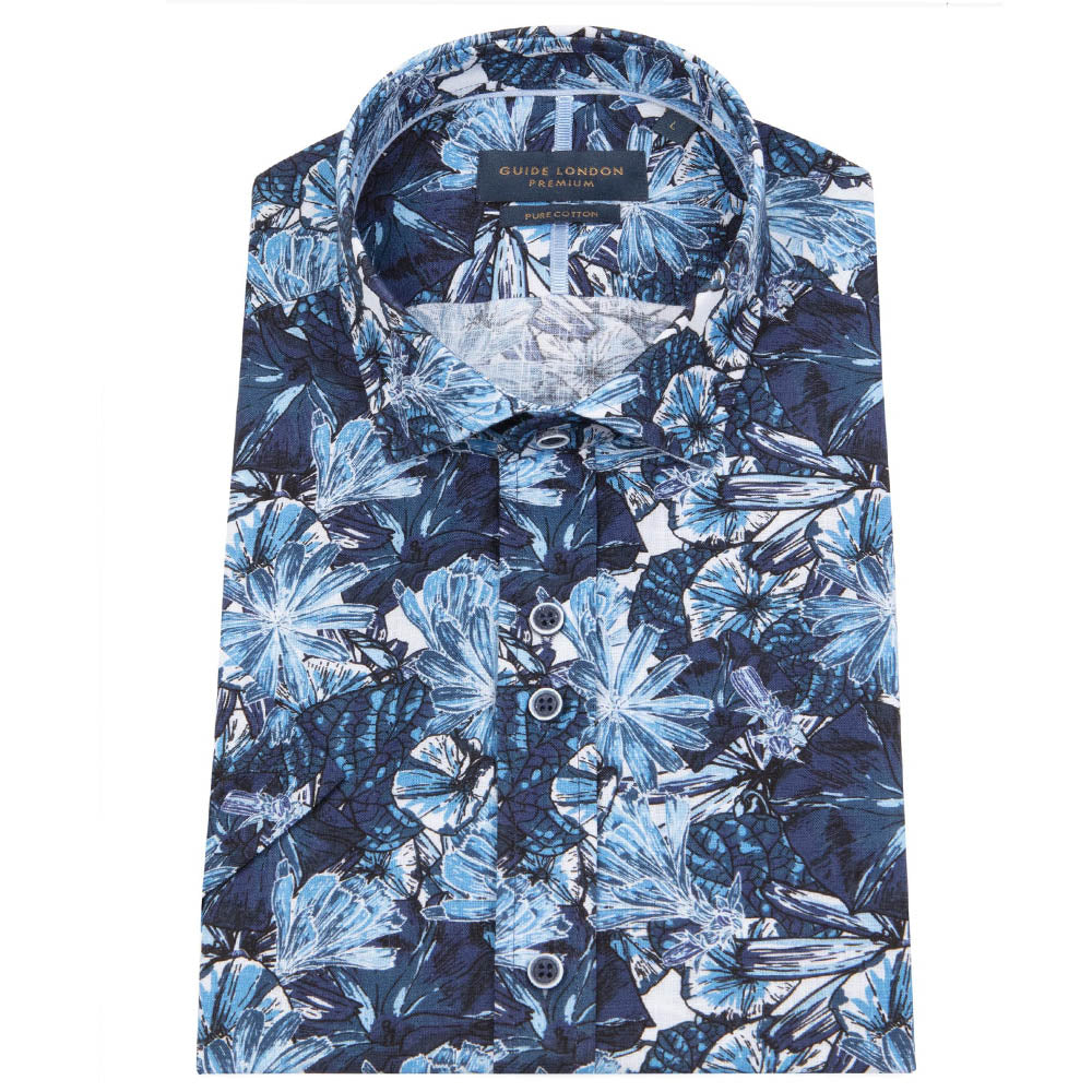 Guide London Half Sleeve Floral Print Shirt Navy / Blue HS2708