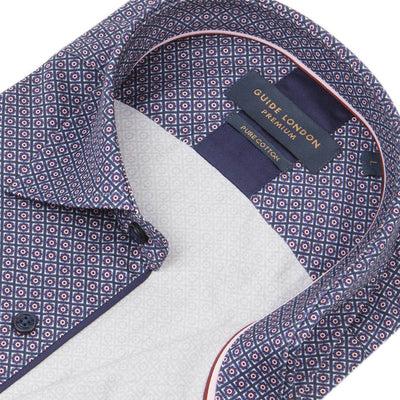 Guide London Long Sleeve Geometric Printed Shirt Navy/Burgundy LS76359
