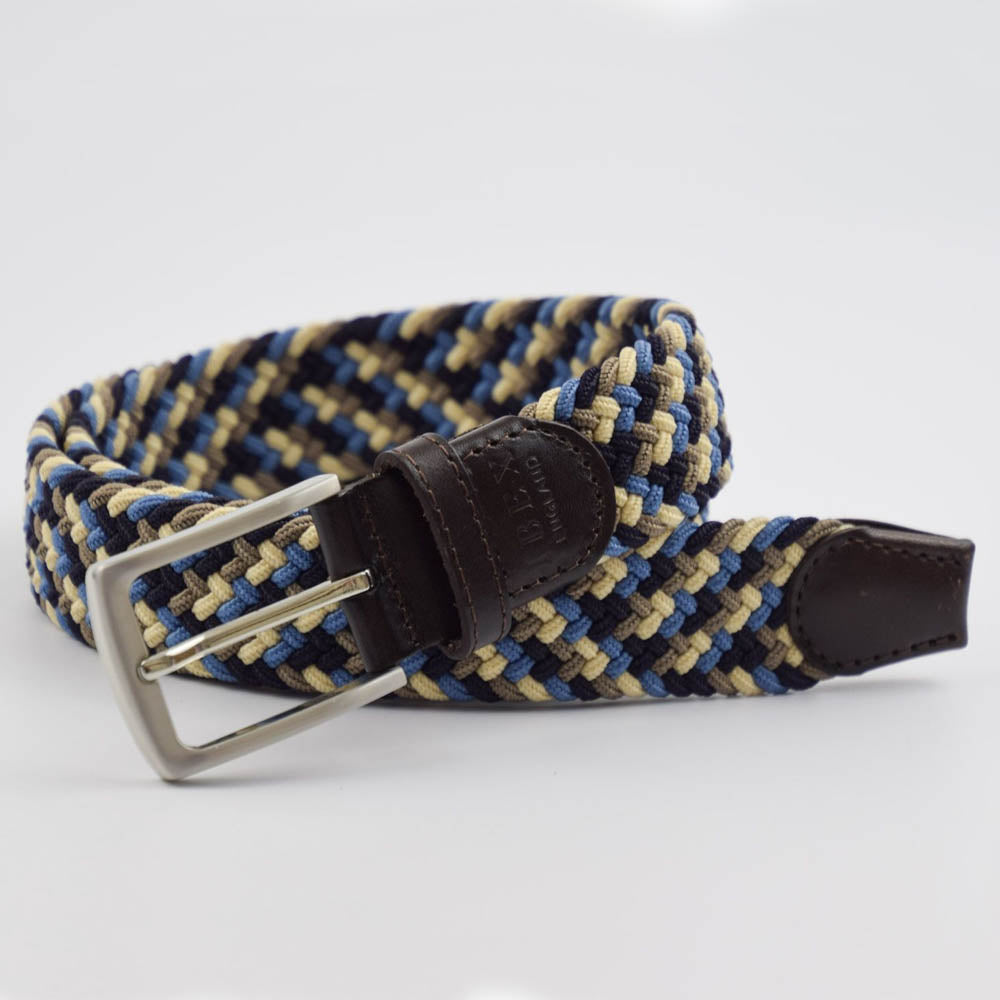 IBEX Of England Elastic Woven Blue / Grey / Navy / Beige Belt Leather Trim